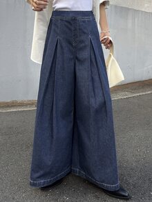FRIFUL Women's Pleated Wide Leg Loose Casual Versatile Denim Jeans - Blue - View 5