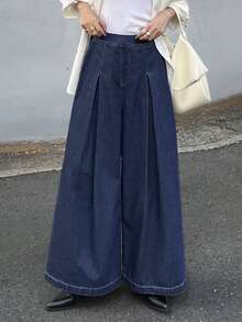 FRIFUL Women's Pleated Wide Leg Loose Casual Versatile Denim Jeans - Blue - View 7