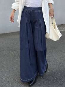 FRIFUL Women's Pleated Wide Leg Loose Casual Versatile Denim Jeans - Blue - View 1
