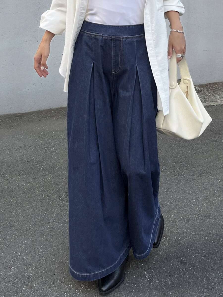 FRIFUL Women's Pleated Wide Leg Loose Casual Versatile Denim Jeans - Blue - View 1