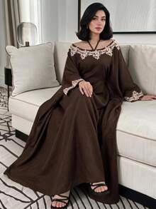 Yasmyna Elegant Modest Embroidered Applique Batwing Sleeve Arabian Dress Christening Guest Formal Brown Winter - Brown - View 3