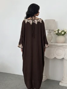 Yasmyna Elegant Modest Embroidered Applique Batwing Sleeve Arabian Dress Christening Guest Formal Brown Winter - Brown - View 2