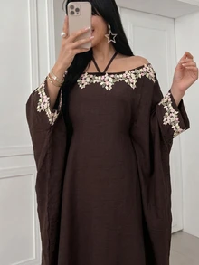 Yasmyna Elegant Modest Embroidered Applique Batwing Sleeve Arabian Dress Christening Guest Formal Brown Winter - Brown - View 1