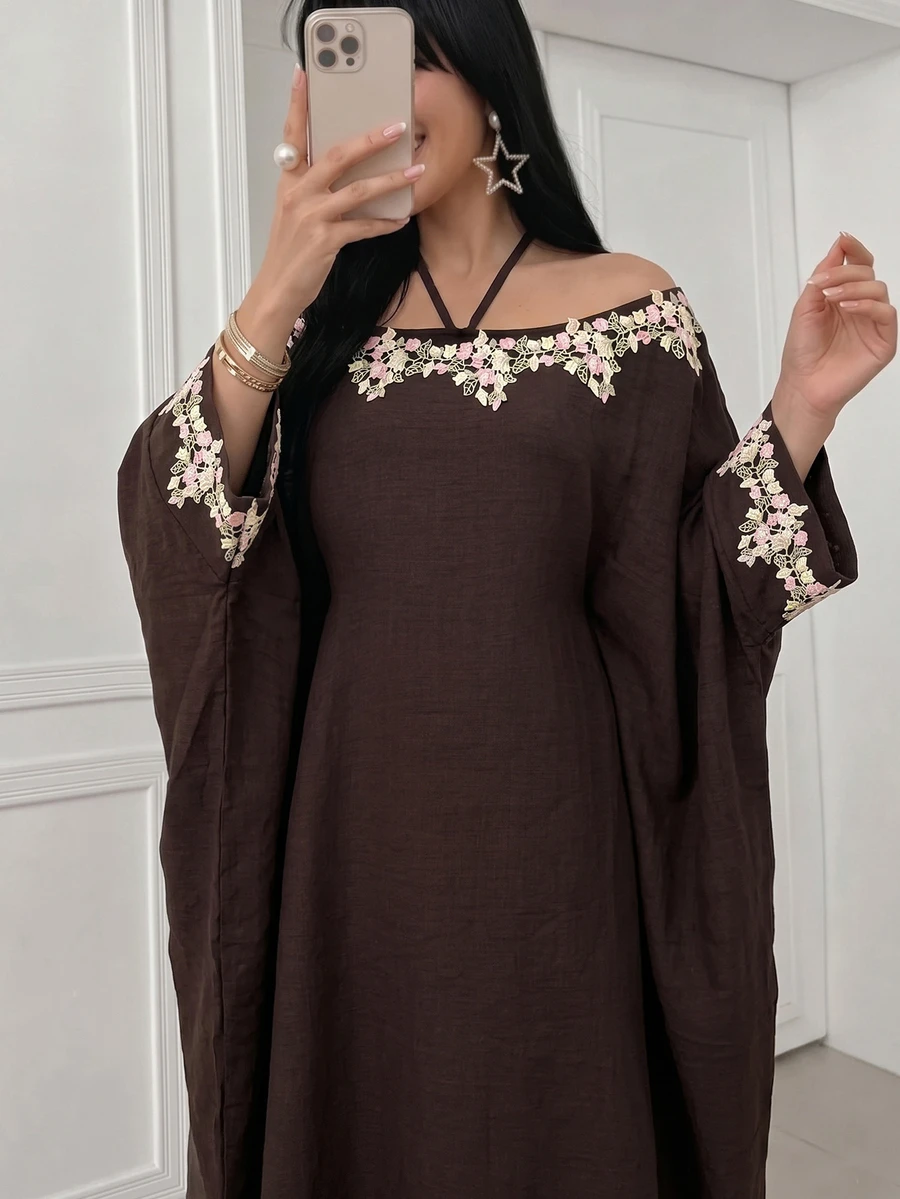 Yasmyna Elegant Modest Embroidered Applique Batwing Sleeve Arabian Dress Christening Guest Formal Brown Winter - Brown - View 1
