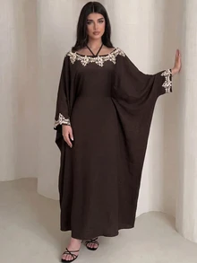 Yasmyna Elegant Modest Embroidered Applique Batwing Sleeve Arabian Dress Christening Guest Formal Brown Winter - Brown - View 5