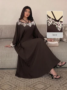 Yasmyna Elegant Modest Embroidered Applique Batwing Sleeve Arabian Dress Christening Guest Formal Brown Winter - Brown - View 6