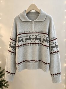 Dulcita Women's Autumn/Winter Half-Zip Small Lapel Collar Contrast Color Long Sleeve Loose Fit Knit Sweater - Light Grey - View 6