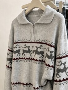 Dulcita Women's Autumn/Winter Half-Zip Small Lapel Collar Contrast Color Long Sleeve Loose Fit Knit Sweater - Light Grey - View 2