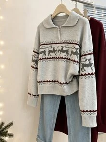 Dulcita Women's Autumn/Winter Half-Zip Small Lapel Collar Contrast Color Long Sleeve Loose Fit Knit Sweater - Light Grey - View 4