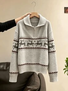 Dulcita Women's Autumn/Winter Half-Zip Small Lapel Collar Contrast Color Long Sleeve Loose Fit Knit Sweater - Light Grey - View 5