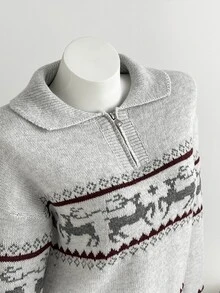 Dulcita Women's Autumn/Winter Half-Zip Small Lapel Collar Contrast Color Long Sleeve Loose Fit Knit Sweater - Light Grey - View 8