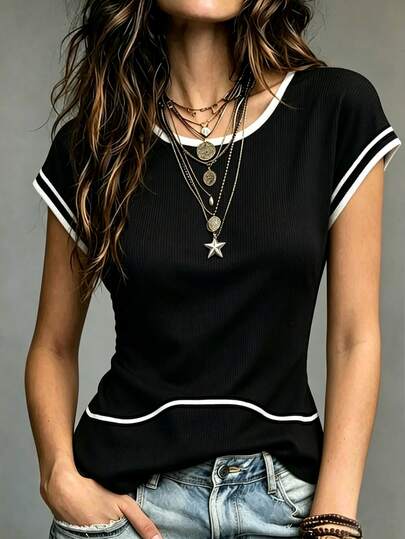 Franclia Kaos Wanita Elegan Kasual Gaya Komuter Hitam Putih dengan Patchwork Blok Warna dan Dekorasi Webbing Hitam Putih, Cocok untuk Liburan Santai dan Olahraga. Kaos Wanita Serbaguna dengan Tekstur Rajut Bergaris untuk Musim Panas: Kaos Putih Wanita, Kaos Kasual Wanita, Kaos Lengan Pendek, Kaos Blok Warna, Kaos Slim Fit, Atasan Kaos Komuter, Atasan Lengan Pendek, Atasan Bergaris, Kaos Musim Panas Serbaguna, Kaos Liburan, Atasan Rajut, Kaos Serbaguna Sehari-hari