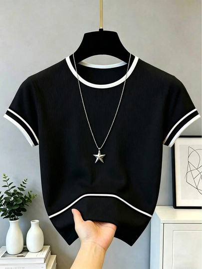Franclia Women's Elegant Casual Commute Style Black And White Color Block Patchwork Black And White Webbing Decoration Suitable For Casual Vacation Sports Women's Versatile T-Shirt Knit Ribbed Texture Summer Color Block Top T-Shirt: Women's White T-Shirt, Women's Casual T-Shirt, Short Sleeve T-Shirt, Color Block T-Shirt, Slim Fit T-Shirt, Commute T-Shirt Top, Short Sleeve Top, Ribbed Top T-Shirt, Versatile Summer T-Shirt, Holiday T-Shirt, Knit Top T-Shirt, Daily Versatile T-Shirt