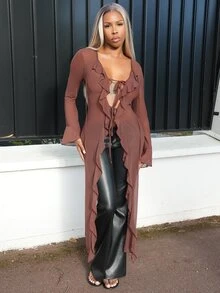 Neverly Edit Neverly Edit Women's Fall/All-Season Rave Renaissance Fair Hippie Music Festival Gyaru Mesh Straps Ruffle Ribbon Long Coat - Brown - View 3