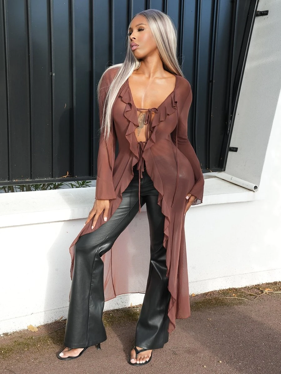 Neverly Edit Neverly Edit Women's Fall/All-Season Rave Renaissance Fair Hippie Music Festival Gyaru Mesh Straps Ruffle Ribbon Long Coat - Brown - View 1