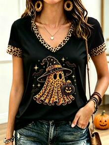Breezaya Halloween Leopard Print Ghost Bat Star Fashion Casual Short Sleeve Plus Size T-Shirt - Multicolor - View 1