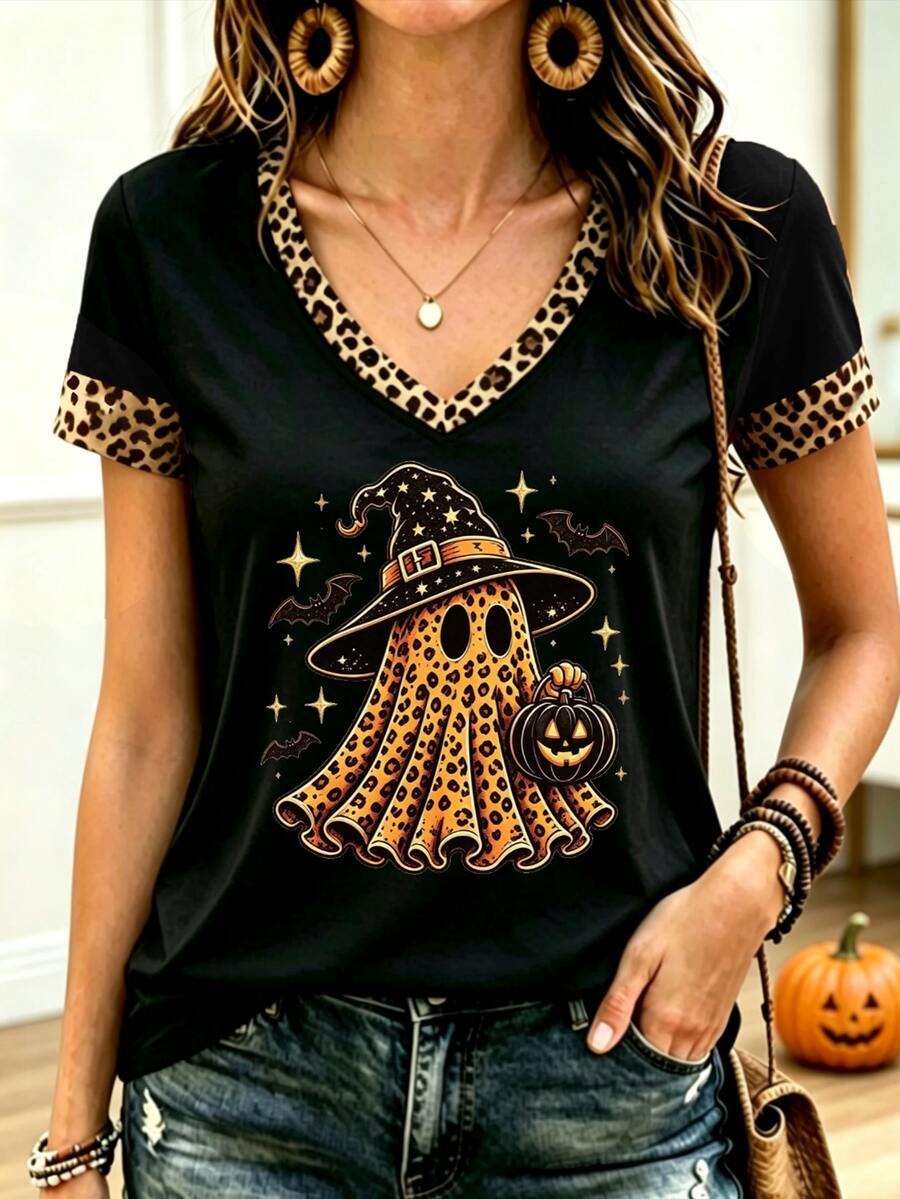 Breezaya Halloween Leopard Print Ghost Bat Star Fashion Casual Short Sleeve Plus Size T-Shirt - Multicolor - View 1