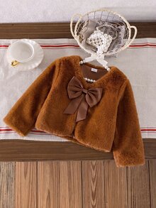 Elladie kids YOUNG Girs 秋季棕色純色長袖人造毛皮夾克開襟大蝴蝶結優雅幼童女童外套秋冬服飾 - 棕色 - 查看 3