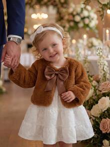 Elladie kids YOUNG Girs 秋季棕色純色長袖人造毛皮夾克開襟大蝴蝶結優雅幼童女童外套秋冬服飾 - 棕色 - 查看 6