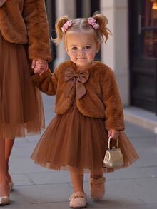 Elladie kids YOUNG Girs 秋季棕色純色長袖人造毛皮夾克開襟大蝴蝶結優雅幼童女童外套秋冬服飾 - 棕色 - 查看 1