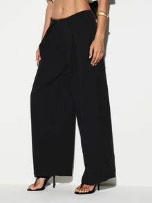 KIZN Wide Leg Pleated Dress Pants Low Rise Full Length Draped Tailored Trousers Formal Evening Party Summer Occasion - Black - View 1