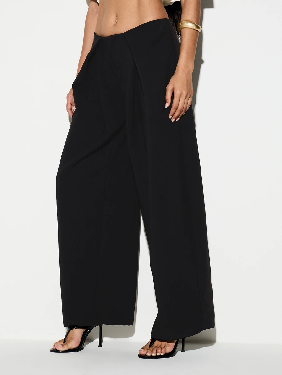 KIZN Wide Leg Pleated Dress Pants Low Rise Full Length Draped Tailored Trousers Formal Evening Party Summer Occasion - Black - View 1