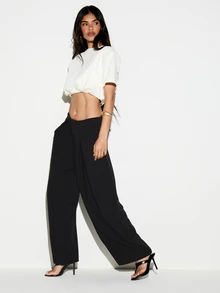 KIZN Wide Leg Pleated Dress Pants Low Rise Full Length Draped Tailored Trousers Formal Evening Party Summer Occasion - Black - View 6