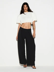 KIZN Wide Leg Pleated Dress Pants Low Rise Full Length Draped Tailored Trousers Formal Evening Party Summer Occasion - Black - View 4