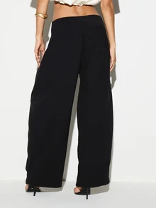 KIZN Wide Leg Pleated Dress Pants Low Rise Full Length Draped Tailored Trousers Formal Evening Party Summer Occasion - Black - View 2