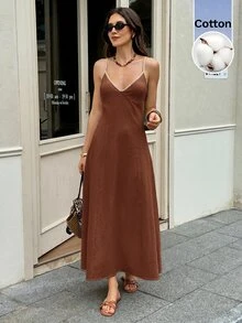 Serisse 女款度假休閒露背細肩帶洋裝 - 咖啡棕 - 查看 3