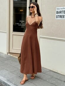 Serisse 女款度假休閒露背細肩帶洋裝 - 咖啡棕 - 查看 8