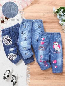 3pcs Baby Girl Fashionable Cute Print Elastic Comfortable Pants Set Graduation Navy Blue Aqua Blue Blue Autumn Casual Cute - Blue - View 2