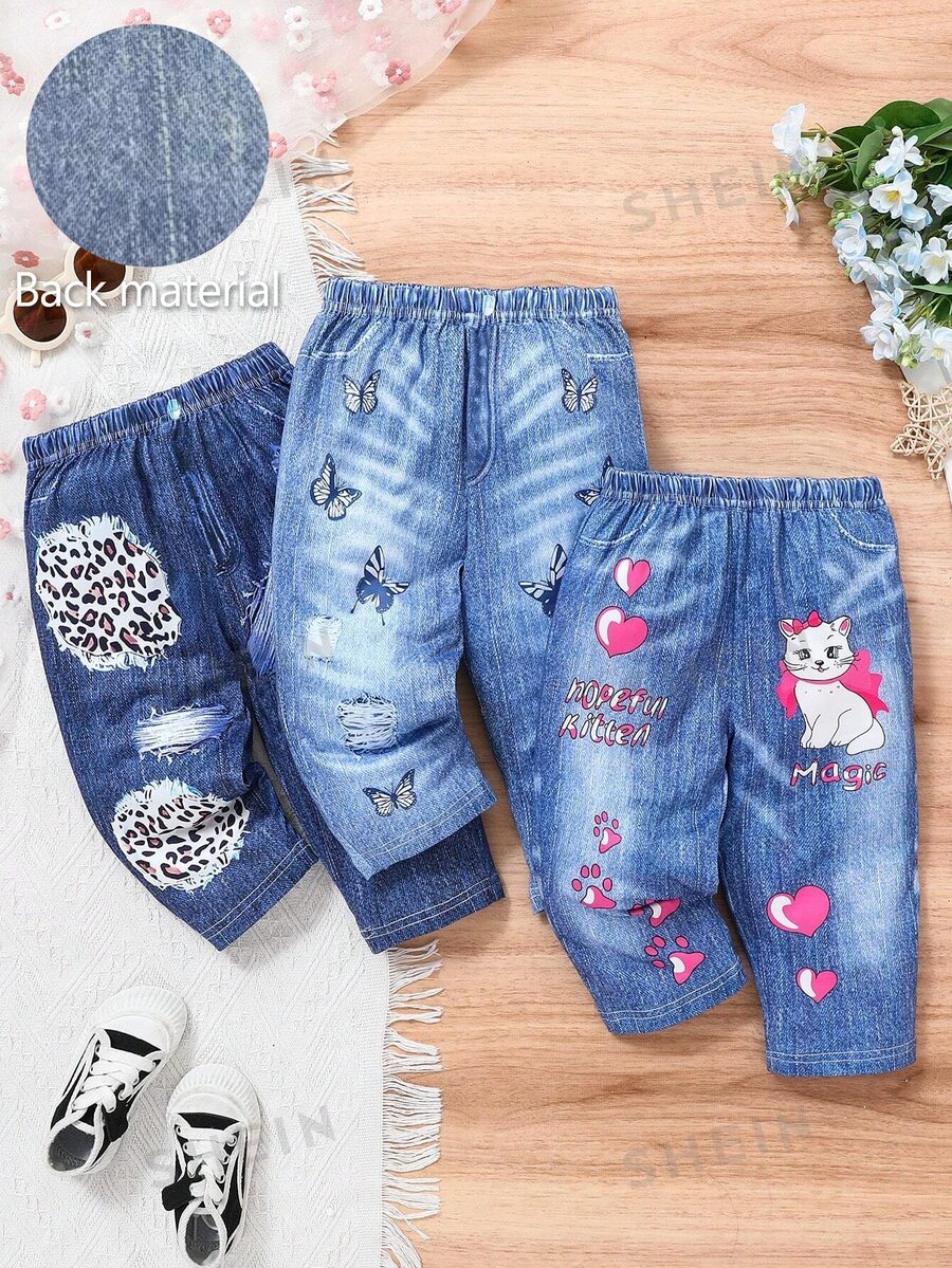 3pcs Baby Girl Fashionable Cute Print Elastic Comfortable Pants Set Graduation Navy Blue Aqua Blue Blue Autumn Casual Cute