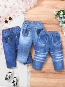 3pcs Baby Girl Fashionable Cute Print Elastic Comfortable Pants Set Graduation Navy Blue Aqua Blue Blue Autumn Casual Cute - Blue - View 3