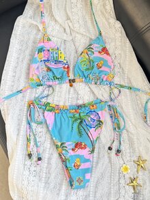 Elavelle 2件套女士随机印花细肩带系带性感比基尼套装，夏季 - 彩色 - 查看 6