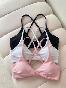 Elavelle 女款春夏純色細肩帶扭結交叉式三件式比基尼上衣，海灘性感風，黑色、白色、淺粉色 - 彩色 - 查看 2