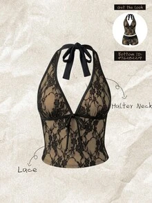 Elavelle 女士蕾丝提花面料吊带比基尼上衣，春夏款 - 黑色 - 查看 1
