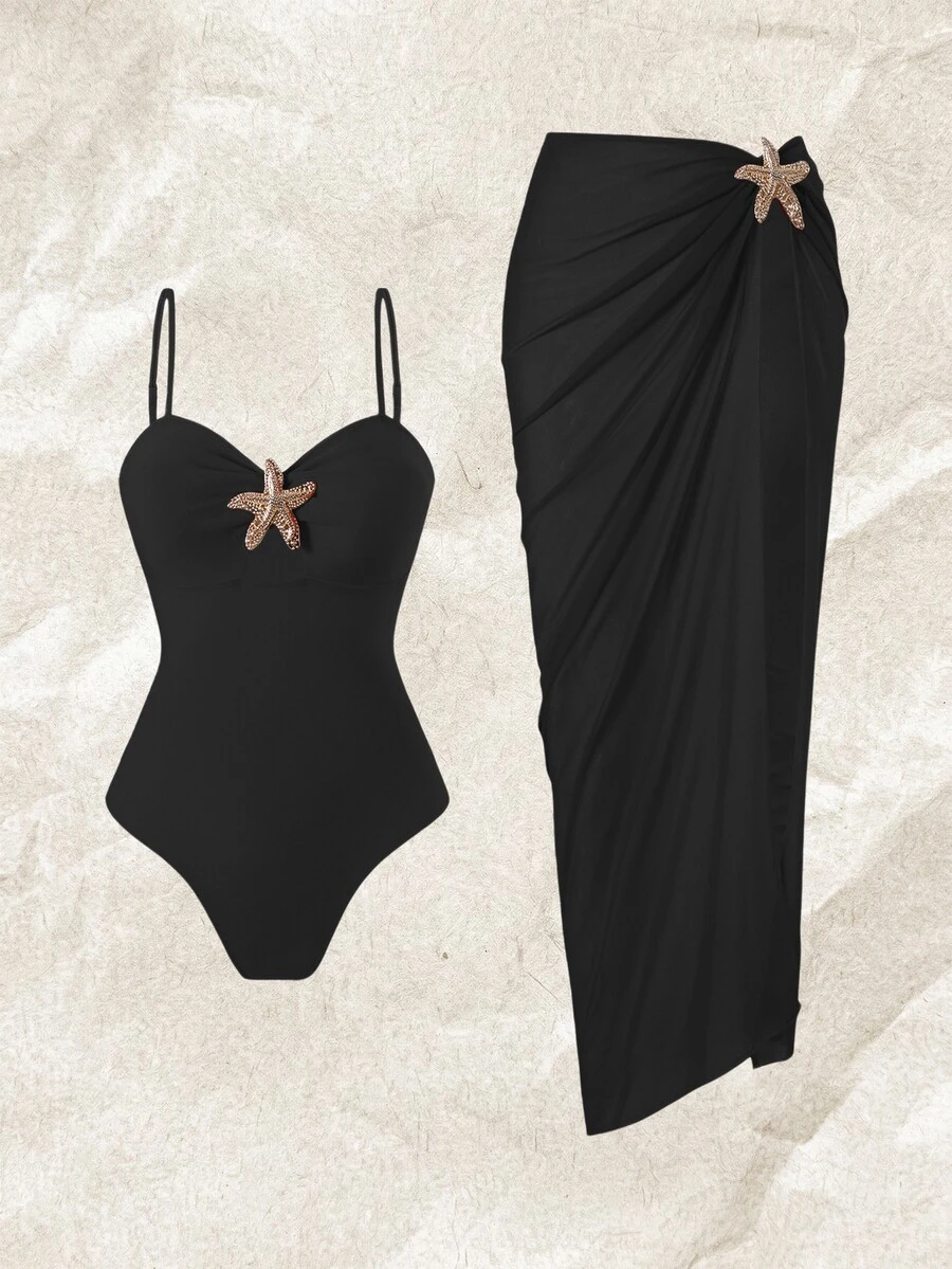 Elavelle 2pcs Swimsuit Set, Women Summer Solid Color Spaghetti Strap Starfish Decor One Piece Long Skirt High Quality Swimwear Set Chic Holiday - Black - View 1