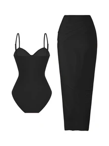 Elavelle 2pcs Swimsuit Set, Women Summer Solid Color Spaghetti Strap Starfish Decor One Piece Long Skirt High Quality Swimwear Set Chic Holiday - Black - View 5