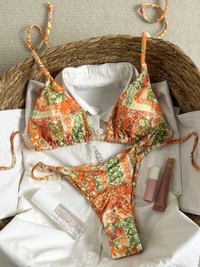 Elavelle Springbreak Women's Random Print Beaded Halter Sexy Bikini Swimwear Set, Summer Beachwear Outfits - Multicolor - View 4