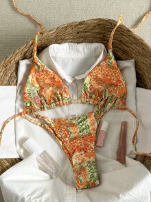 Elavelle Springbreak Women's Random Print Beaded Halter Sexy Bikini Swimwear Set, Summer Beachwear Outfits - Multicolor - View 3