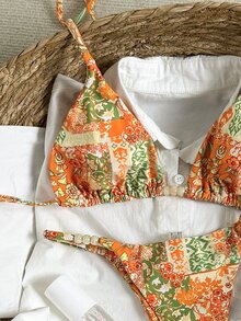 Elavelle Springbreak Women's Random Print Beaded Halter Sexy Bikini Swimwear Set, Summer Beachwear Outfits - Multicolor - View 5