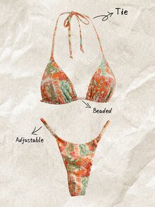 Elavelle Springbreak Women's Random Print Beaded Halter Sexy Bikini Swimwear Set, Summer Beachwear Outfits - Multicolor - View 1