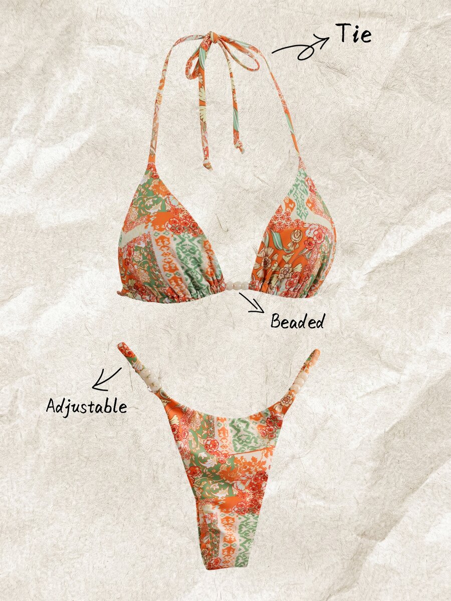 Elavelle Springbreak Women's Random Print Beaded Halter Sexy Bikini Swimwear Set, Summer Beachwear Outfits - Multicolor - View 1