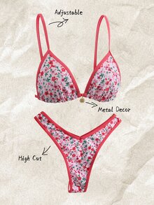 Elavelle Springbreak 女式碎花金属装饰细肩带高腰短裤性感比基尼套装夏季服装 - 彩色 - 查看 1