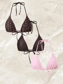 Elavelle Women's Spring/Summer Solid Color Random Print Halter Neck Tie 3-Piece Bikini Top - Multicolor - View 1