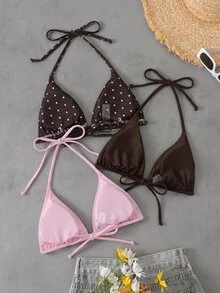 Elavelle Women's Spring/Summer Solid Color Random Print Halter Neck Tie 3-Piece Bikini Top - Multicolor - View 5
