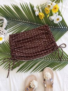 Elavelle Women's Polka Dot Print Drawstring Ruched Cover-Up Skirt, Spring/Summer Brown Festival Cover-Up Skirt - Multicolor - View 3