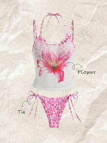 Elavelle Women's Random Print Halter Neck Bikini Set, Spring/Summer Beach Vacation Pink Tropical Sexy Cute Fairy Hot Pink - Multicolor - View 1