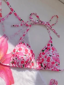 Elavelle Women's Random Print Halter Neck Bikini Set, Spring/Summer Beach Vacation Pink Tropical Sexy Cute Fairy Hot Pink - Multicolor - View 6